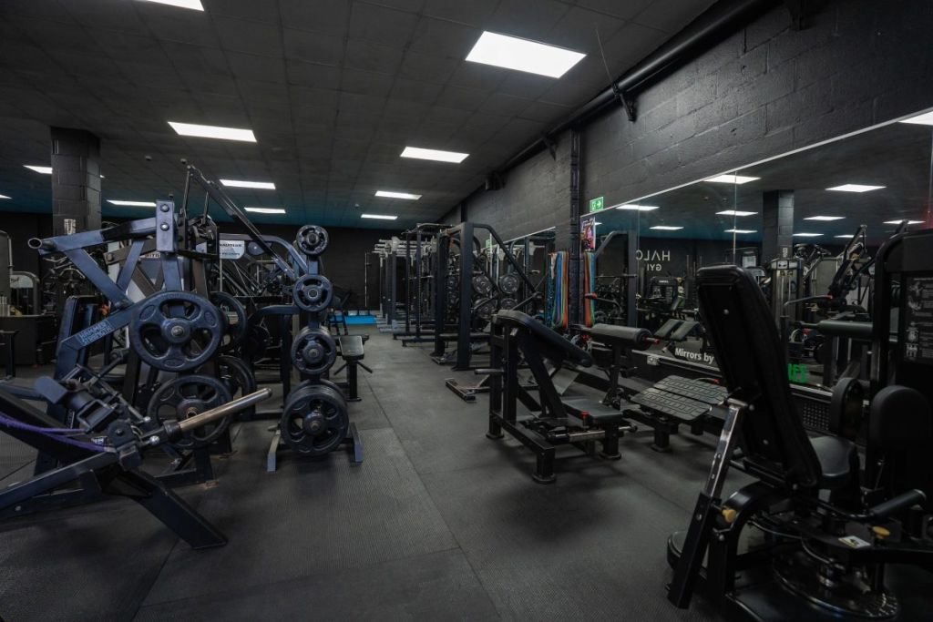 Free weights and strength equipment on the gym floor at Halo Gym Tunbridge Wells