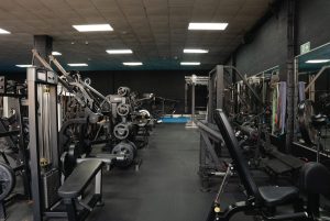 Strength training area at Halo Gym with weight machines, benches, free weights, and resistance bands along mirrored walls.